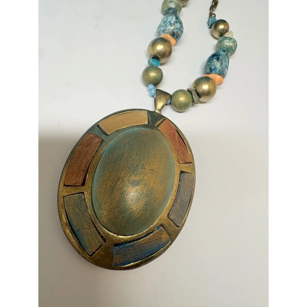 Moussa Artisan Brass Beaded Statement Necklace Teal Gold Oval Pendant Boho